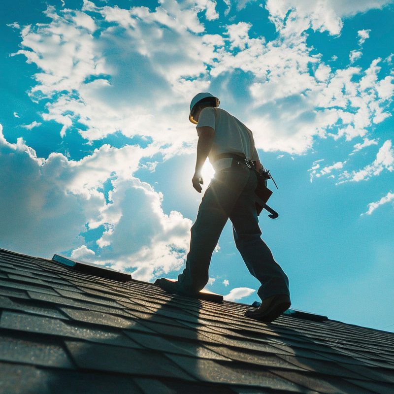 Handwerker läuft auf einem Dach